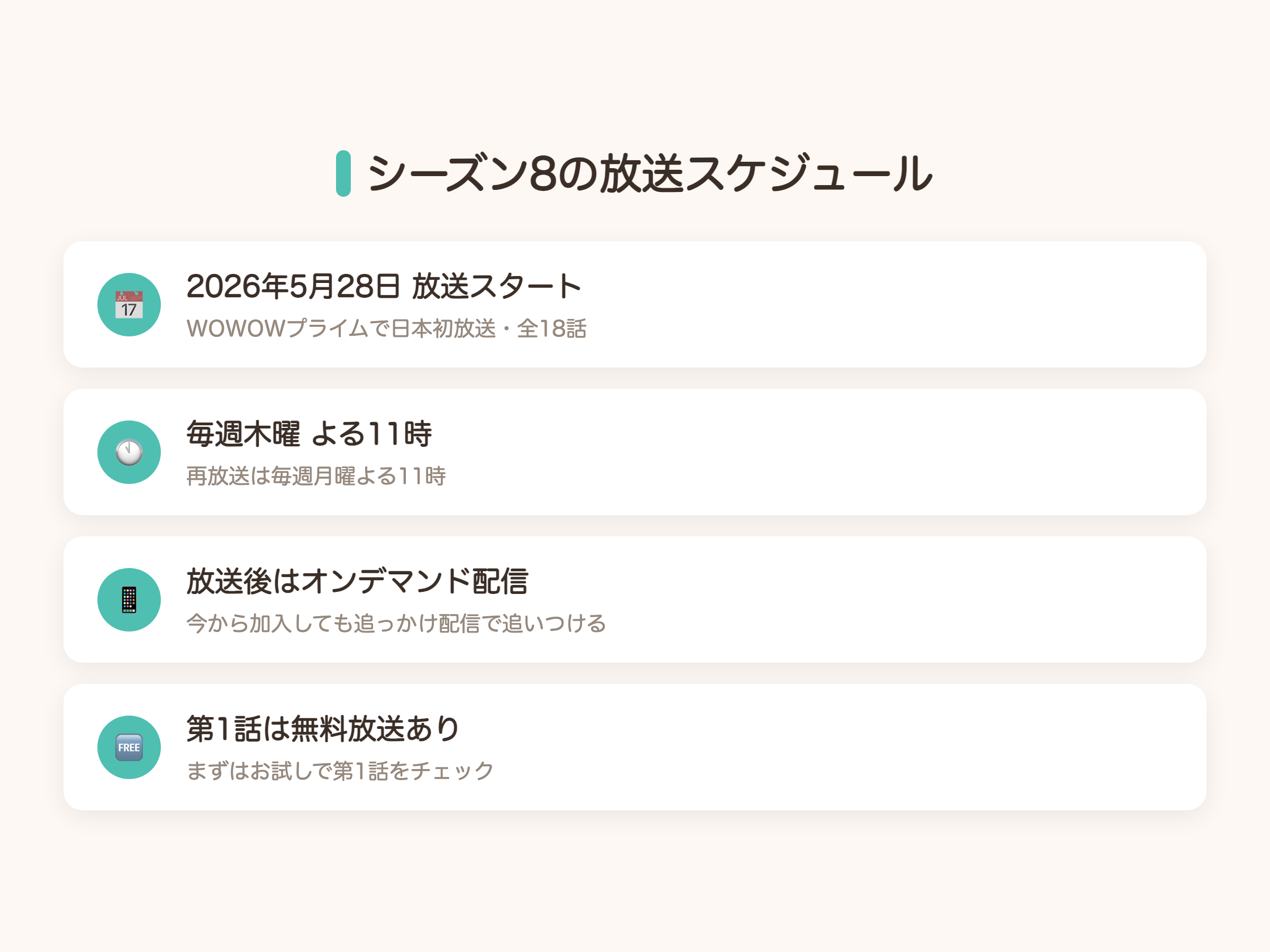 ザ・ルーキーシーズン8の放送スケジュール図解。2026年5月28日からWOWOWプライムで毎週木曜よる11時に日本初放送、全18話、第1話無料、放送後オンデマンド配信