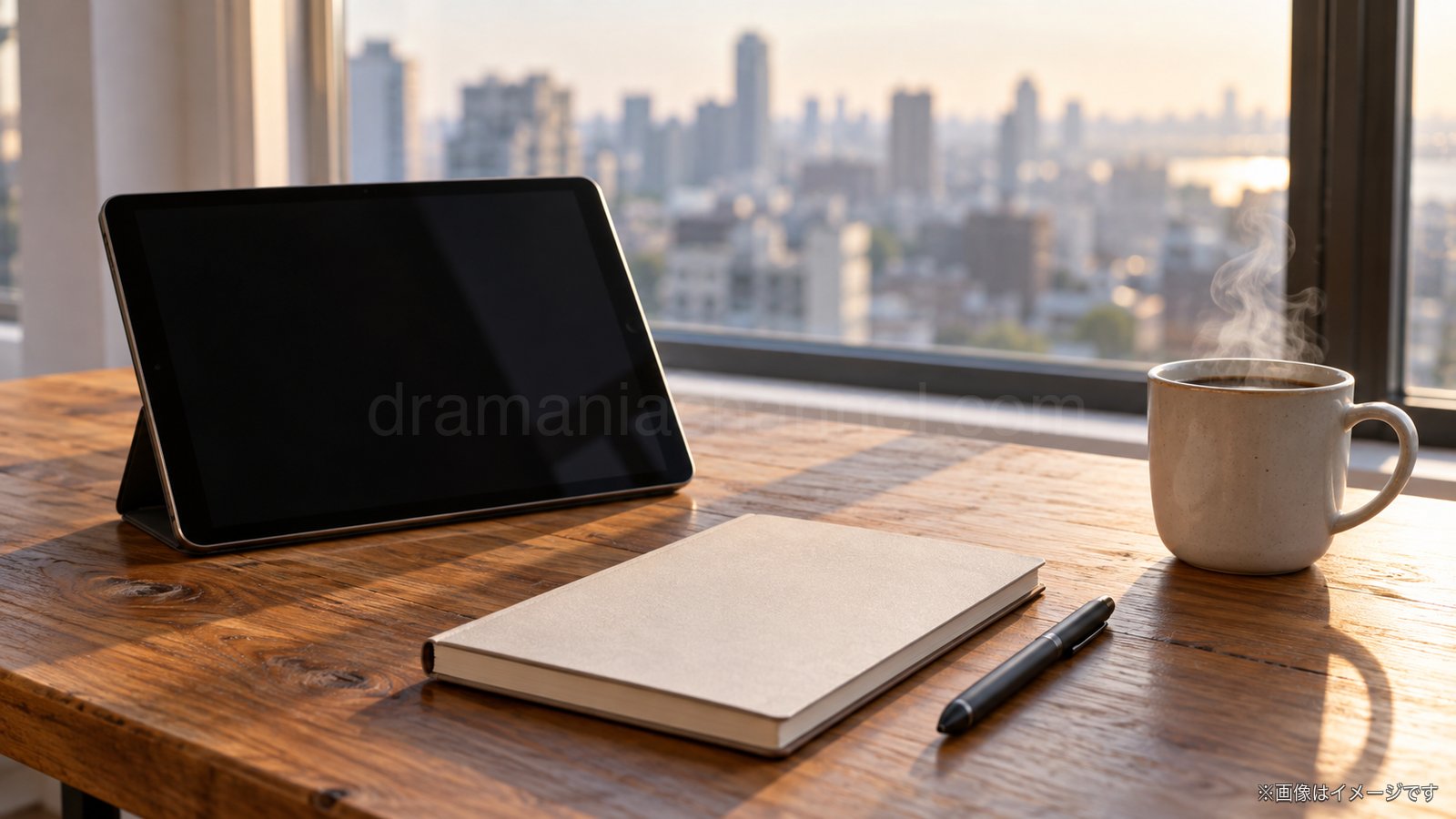 朝の光が入る窓辺のテーブルにタブレットとノートとマグカップがあるイメージ