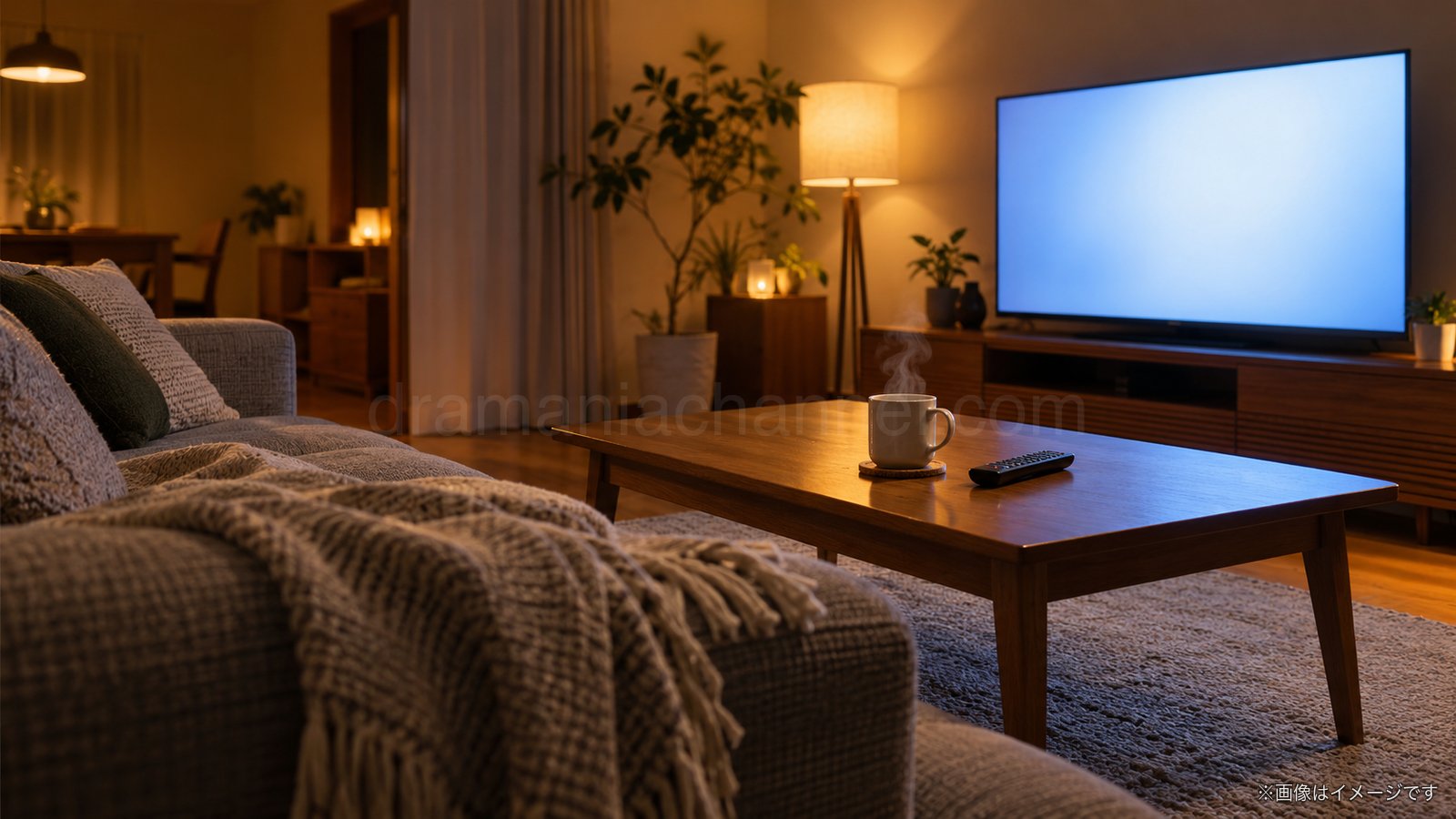 夜のリビングでテレビを見るイメージ