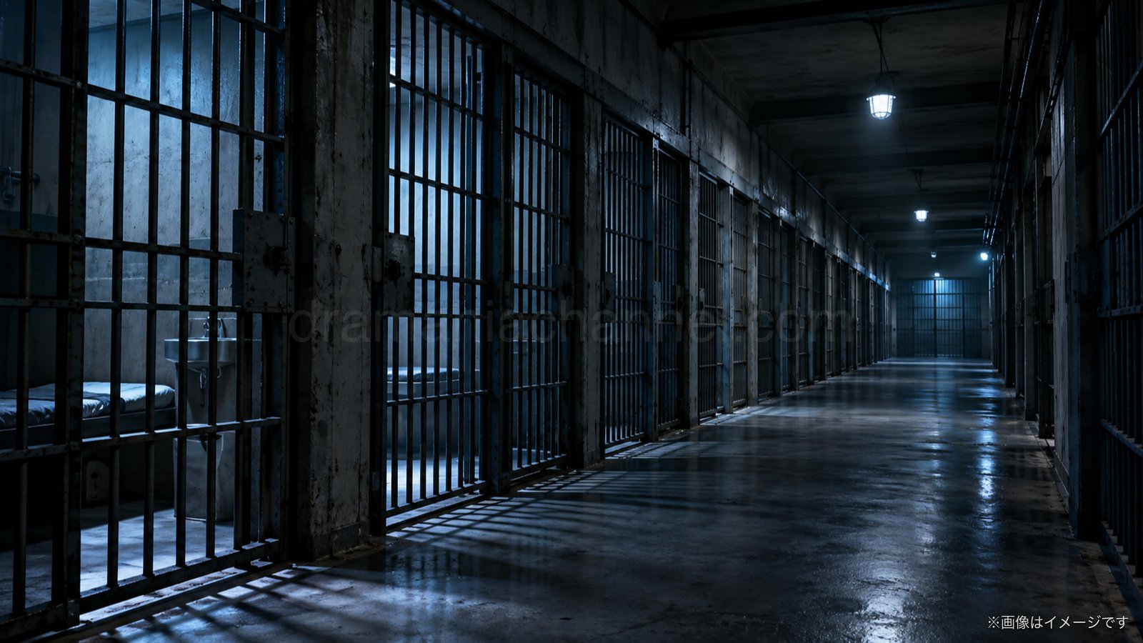 照明を落とした夜の刑務所の長い廊下に鉄格子の独房が並ぶイメージ写真