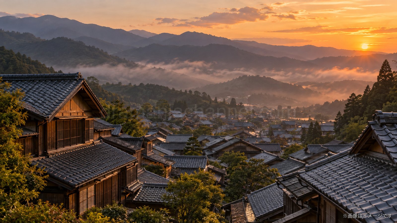 夕焼けの山並みと霧を背景に、瓦屋根の木造家屋が並ぶ古い日本の町並み