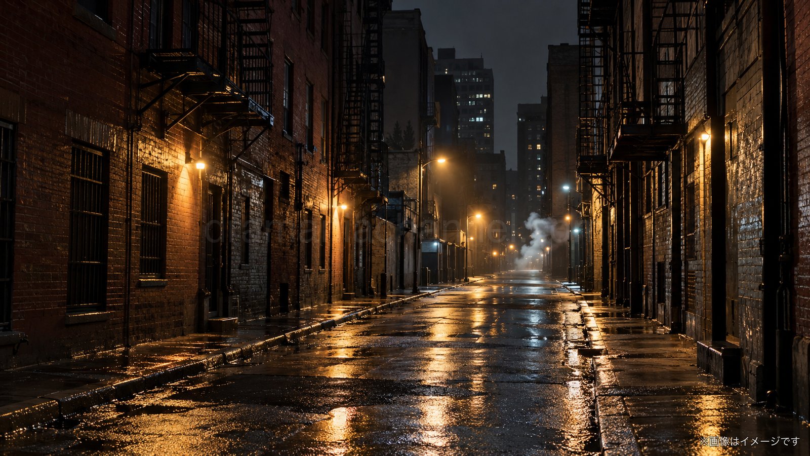 雨上がりの夜の大都市の裏通りのイメージ
