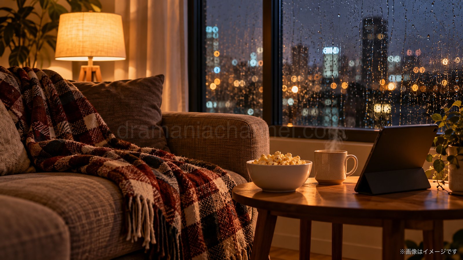 雨の夜に部屋で海外ドラマを楽しむイメージ